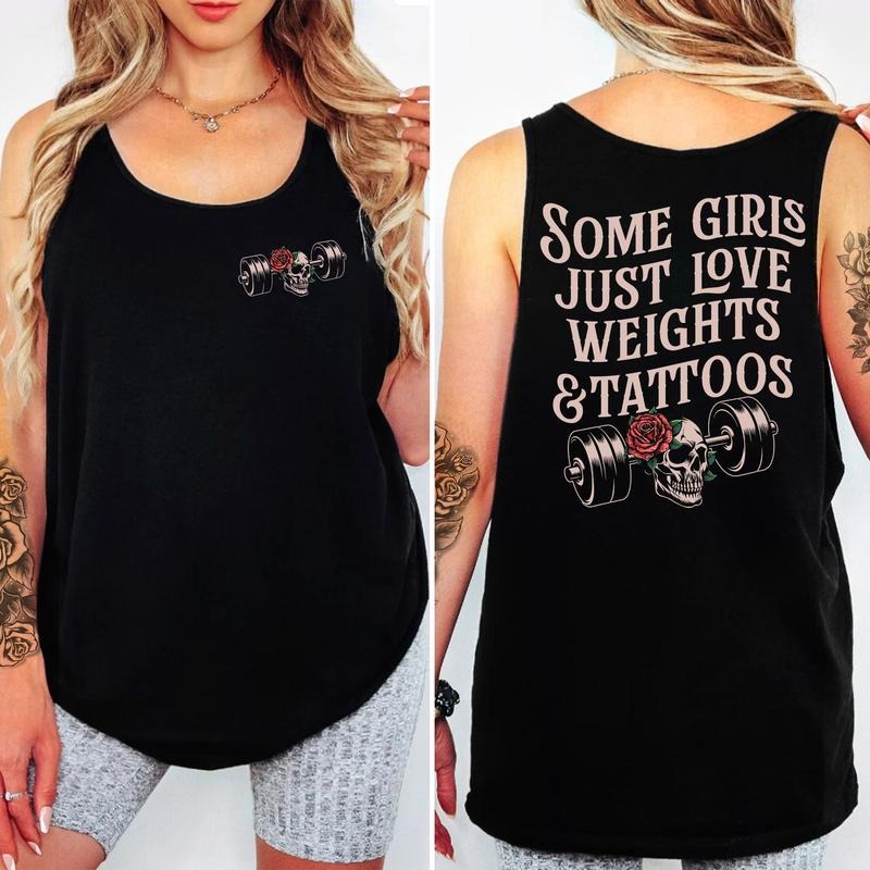 Girls Who Love Weights & Tattoos Tank Top, Muscle Mommy Women Sleeveless Top, Weightlifting Mama Athletic Tank, Tatted...