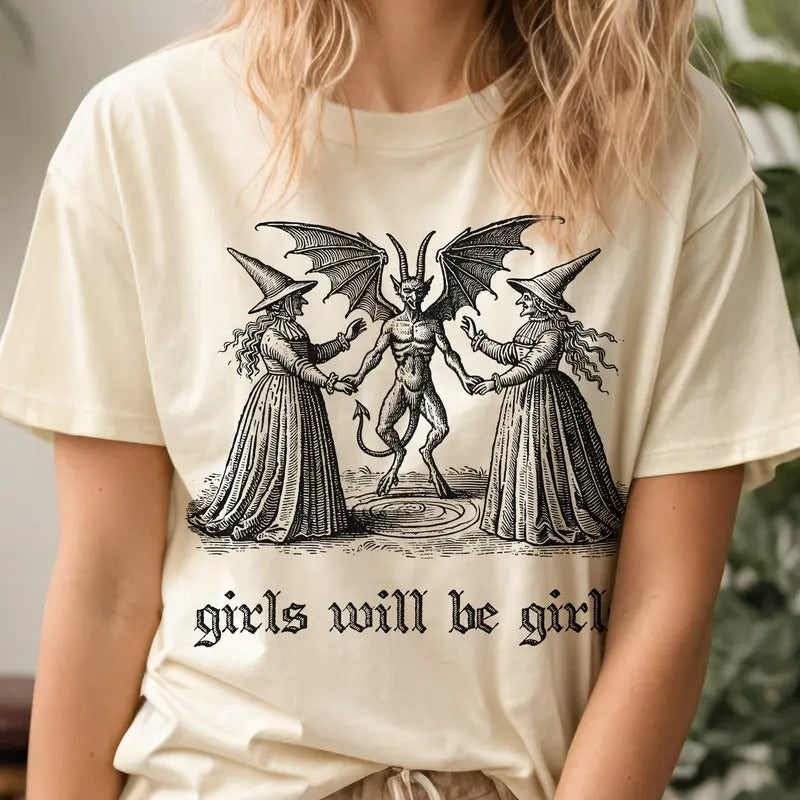 Girls Will Be Girls Witch Shirt, Halloween Shirt, Funny Feminist Tee, Spooky Witchy Top, Unisex Short Sleeve Tee Shirt, Casual Clothing