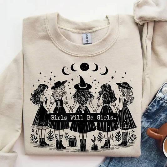 Girls Will Be Girls Witch Sweatshirt, Witchy Vibes Sweater, Halloween Women Shirt, Feminist Witch T-Shirt, Feminist Sweatshirt,Witch Sisters