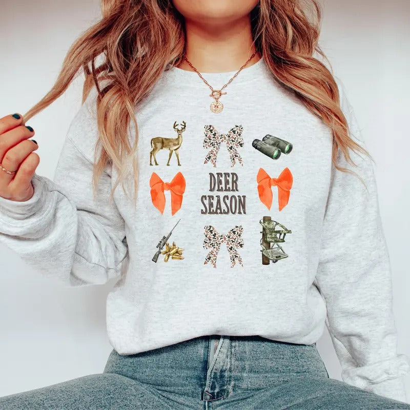 Girly Deer Season Sweatshirt, Camouflage Bows Shirt, Womens Hunting Sweatshirt, Deer Lease Shirt, Deer Hunter Sweatshirt...