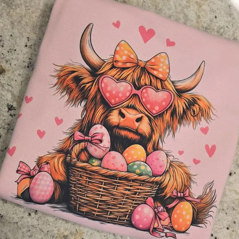 Girly Easter highland cow Tee or Sweatshirt Hoodie | DripVista.com