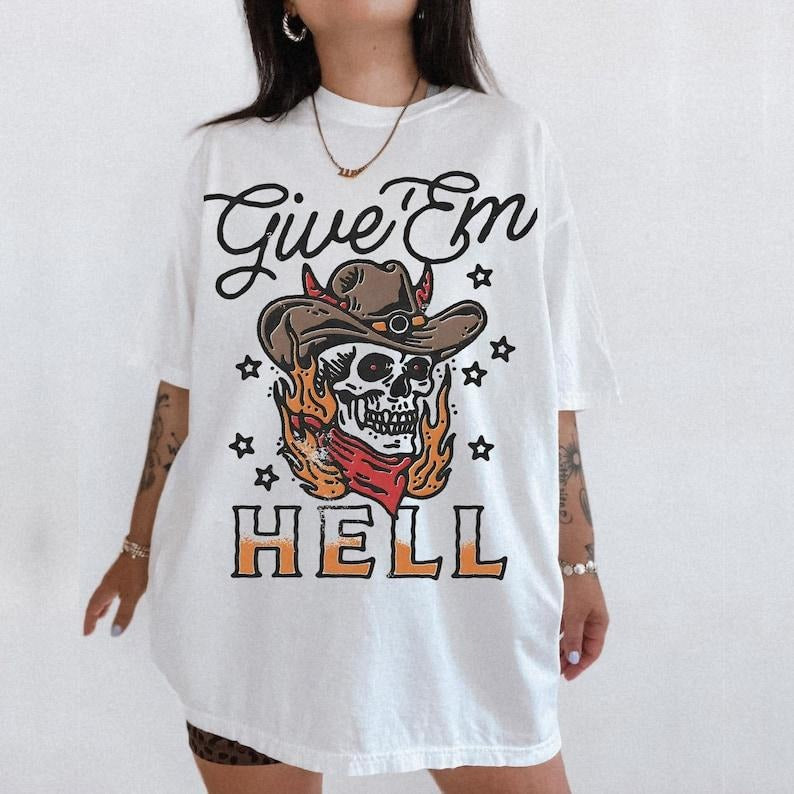 Give Em Hell Tee Western Skull Devil T Resist T Shirt Resistance Shirt Retro Outlaw Cowboy Shirt Trendy Vintage Inspired Tee