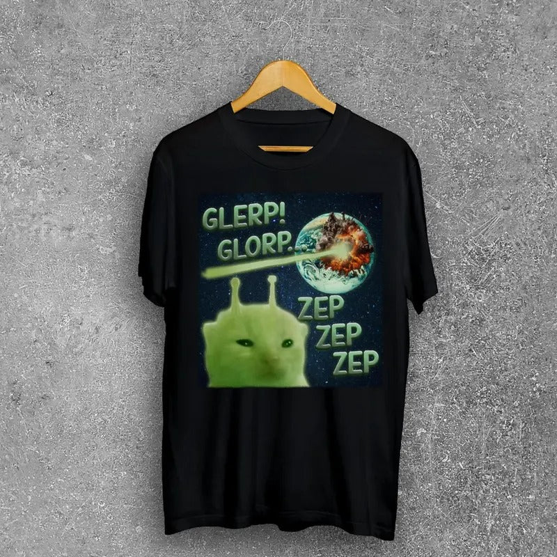 Glerp Glorp Funny Alien Cat Cat Meme Tee Shirt Gift for Woman and Man, Brainrot T-shirt, Silly Cats Tee Casual Fabric...