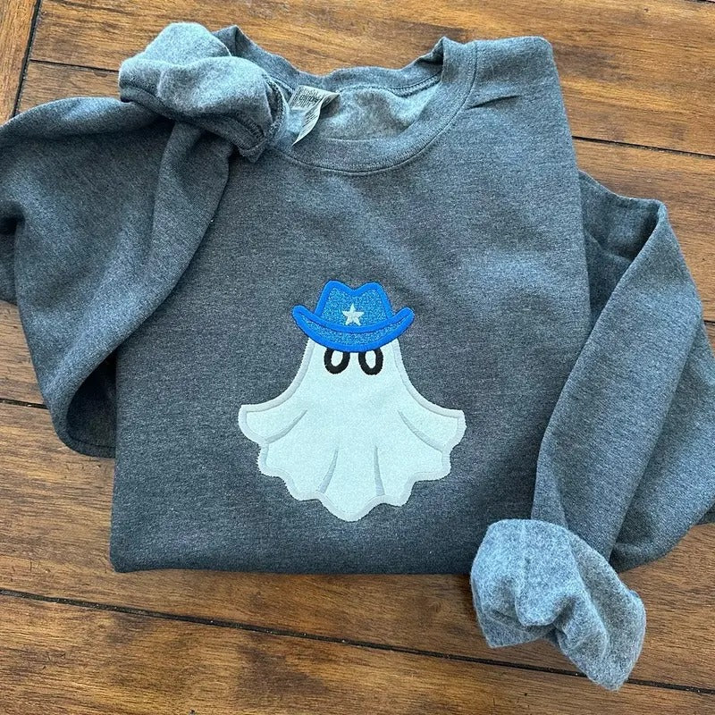 Glitter Applique Cowboy Ghost Halloween Embroidered Crewneck Sweatshirt Comfort T-Shirts, Hoodie | DripVista.com