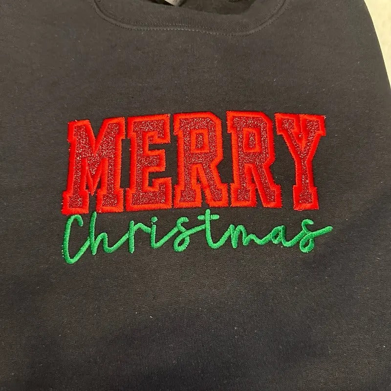 Glitter Applique Merry Christmas Embroidered Crewneck Sweatshirt Comfortable Classic Festive T-Shirts, Hoodie | DripVista.com