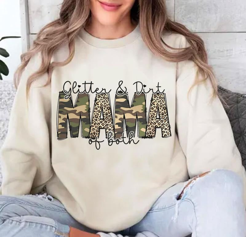 Glitter and Dust - Mama of Both Camo & Leopard Pattern Printed Sweatshirt, Mom Gift, Camo Mama Shirt Hoodie | DripVista.com