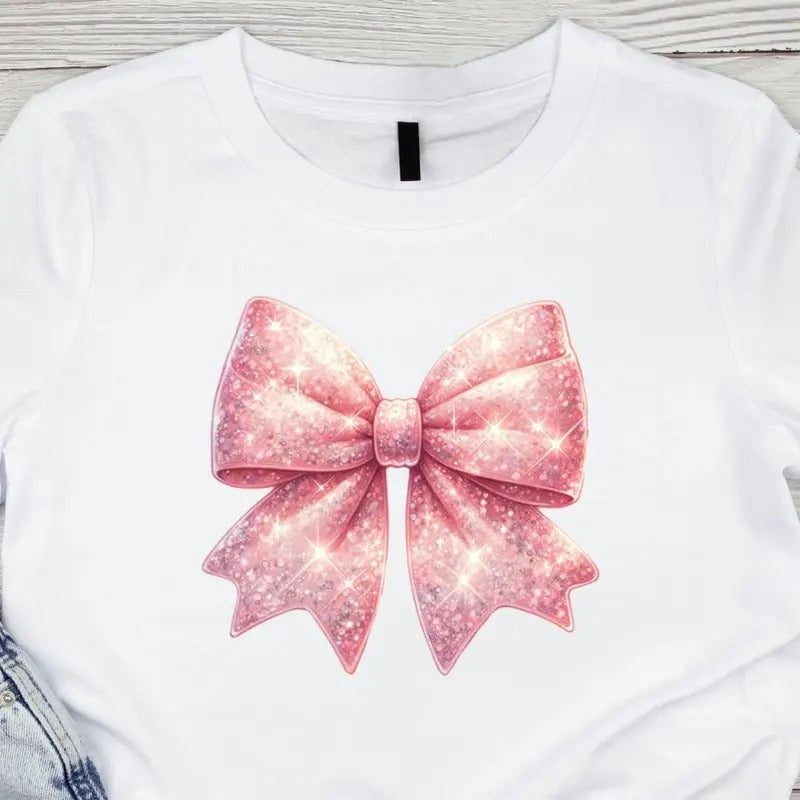 Glittery Coquette Bow Girly Graphic Printed Sweatshirt, Pink Bow Girlie Couquette Tee, Soft Girl Era Shirt, Coquette...