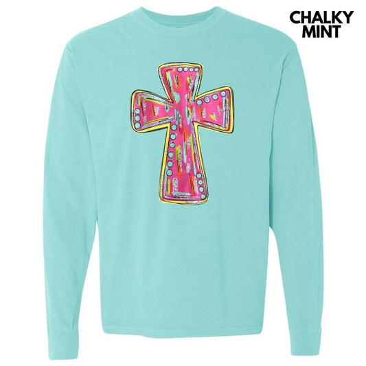 Glitz Pink Cross Long Sleeve Comfort Colors T-Shirt