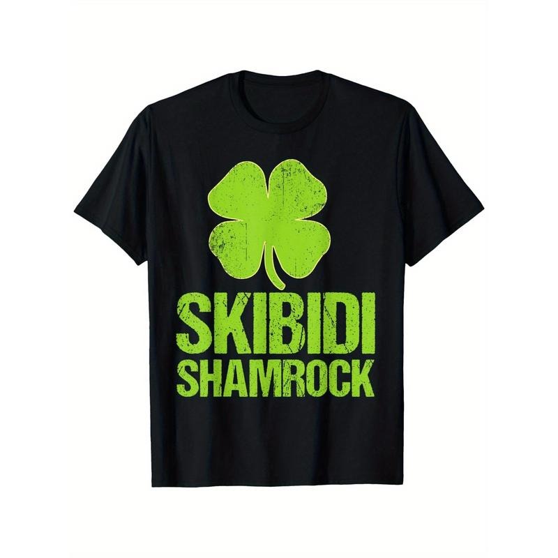 [Glossy Finish] Skibidi Shamrock Irish Rizz Lucky St. Patrick's Day T-Shirt - 100% Cotton, Black with Green Shamrock Print, Regular Fit, Round Neck, Casual Wear for Men & Women Adults Made in USA