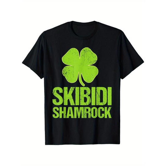 [Glossy Finish] Skibidi Shamrock Irish Rizz Lucky St. Patrick's Day T-Shirt - 100% Cotton, Black with Green Shamrock Print, Regular Fit, Round Neck, Casual Wear for Men & Women Adults Made in USA