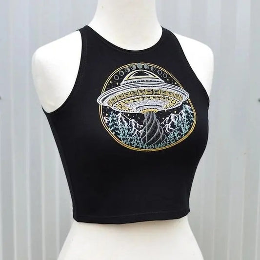 Glow in the Dark Alien UFO Crop Top - Black Crop Top - Women's Fitted Crop Top