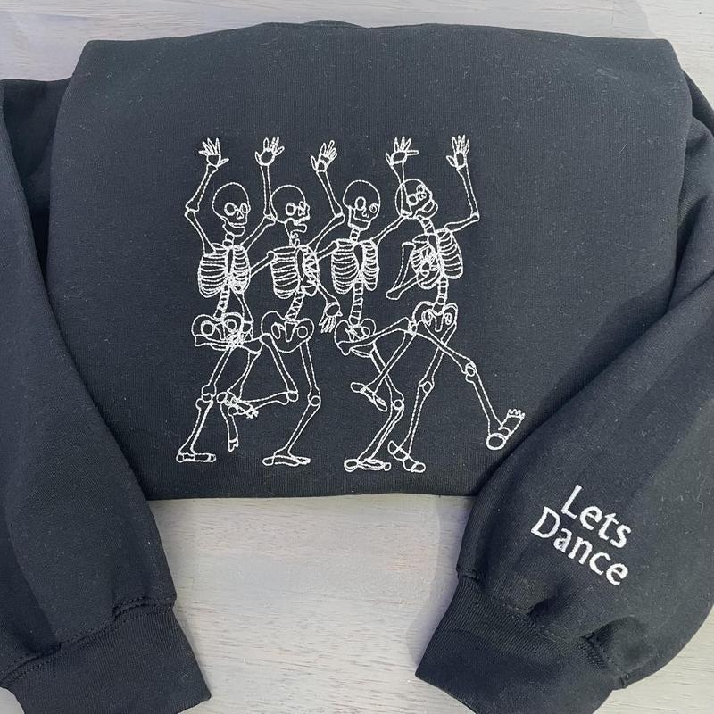 Glow in the dark Dancing Skeleton Embroidered sweatshirt; Cotton Casual embroidered crewneck