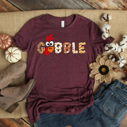 Gobble Gobble Thanksgiving T-shirt, Thanksgiving Family Shirt, Thanksgiving Dinner, Thankful Shirt Cotton Crewneck Fabric Womenswear