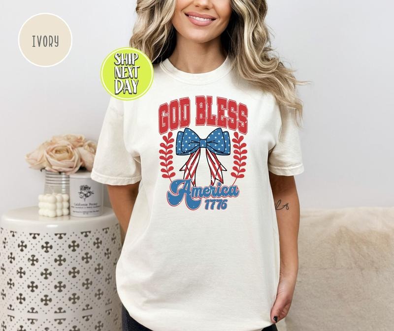 God Bless America 1776 T-shirt Patriotic Bow Tee Shirt Vintage American Flag Shirt Independence Day Tees 4th Of July T Shirt -ps019