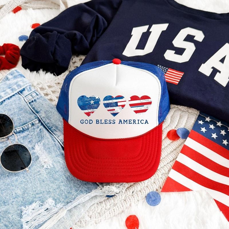 God Bless America, Hearts, Patriotic, Snapback Trucker Hat, America, USA, Independence Day, Patriotic Cap for Women,...