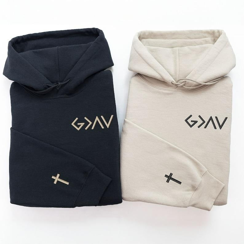God Is Greater Than The Highs And Lows Embroidered Hoodie, Cross on Sleeve, Couples Gift, Anniversary Gift, Gift For Him, Gift For Her
