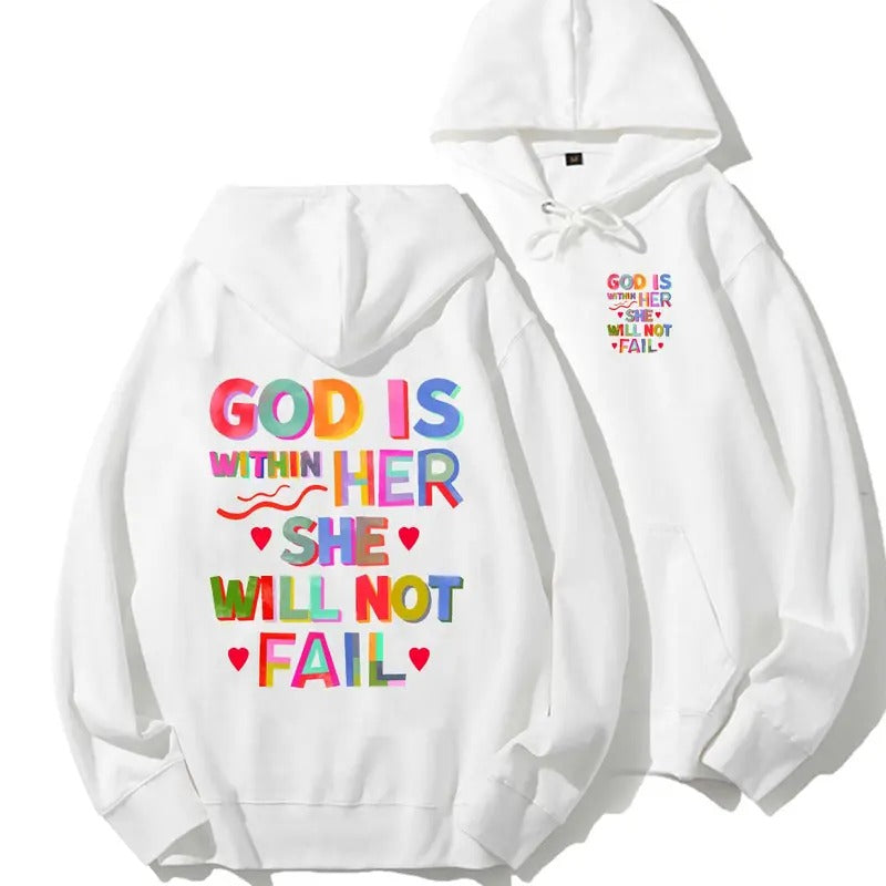 God Is Within Her She Will Not Fail Unisex Drawstring Hoodie, Graphic Tees Cotton Sweatshirt | DripVista.com
