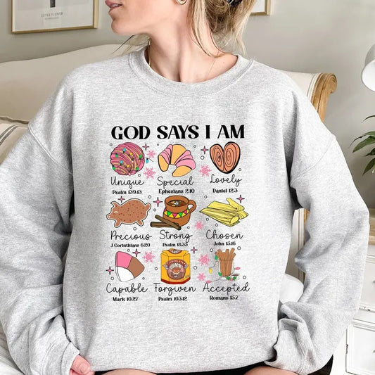 God Says I Am Mexican Christmas Sweatshirt, Mexican Christmas Sweater, All I want for Christmas is Pan Dulce Shirt, Feliz Navidad Crewneck