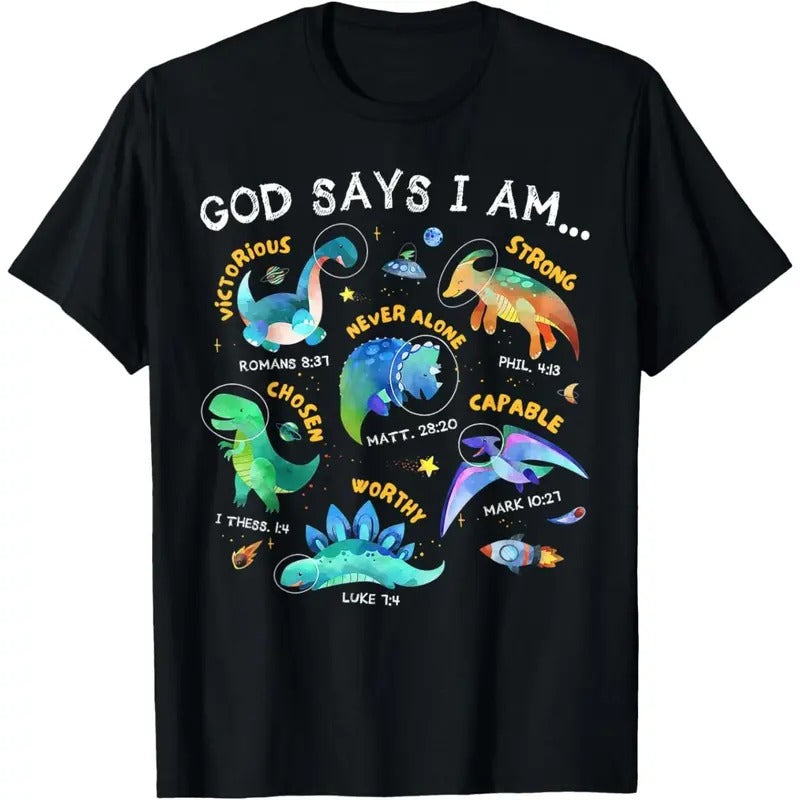 God Says I Am Outer Space Dinosaur Bible Christian Kids Boys T-Shirt  made in usa Hoodie, Sweatshirt | DripVista.com