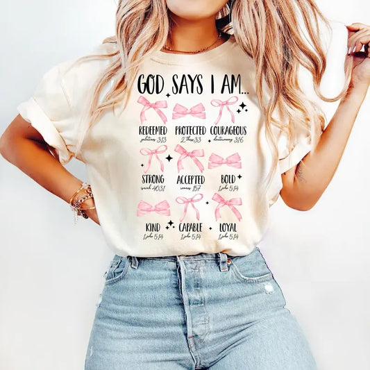 God Says I Am Tshirt, Coquette Bow, Christian Gift Shirt, Coquette Style Shirt, Matthew 28 6, Coquette Religious, Coquette Bible Verse, Unisex Short Sleeve Tee Shirt, Casual Clothing