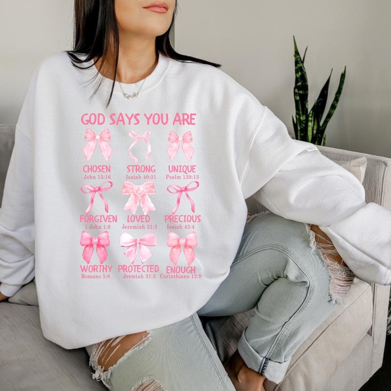 God Says You Are Coquette Sweater, Pink Bow Tee, Soft Girl Era Shirt, Jesus, Bible Verse, Religious Shirt, Cotton Round Neck Tee for Women, Full Sizes, Full Colors