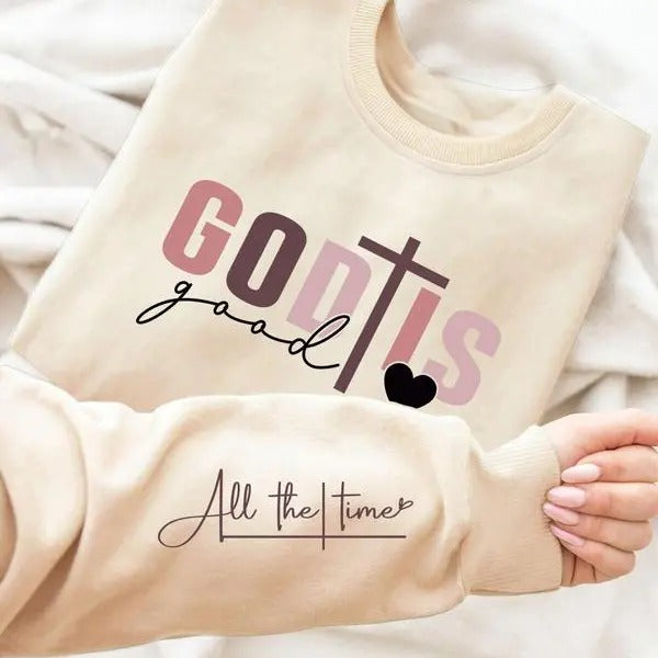 God Tis Good All The Time Sweatshirt, Women's Cross & Heart & Letter Print Round Neck Sweatshirt, Casual Long Sleeve Pullover for Daily Wear