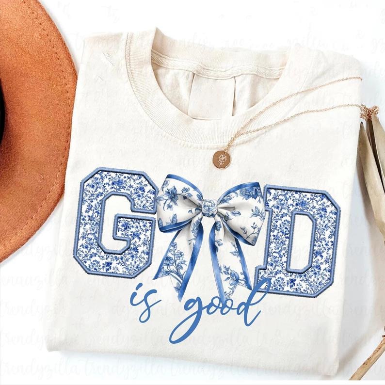 God is Good Blue Chinoiserie Shirt, Coquette Bow Tee, Floral Religious, Toile College letters, faith shirt, christian,...