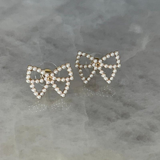 Gold Pearl Bow Stud Earrings