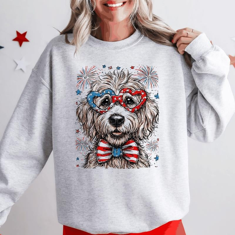Golden Doodle Patriotic Dog, USA, America, Pet Lover, 4th of July Sweatshirt, Crew Neck, Women's, Crewneck