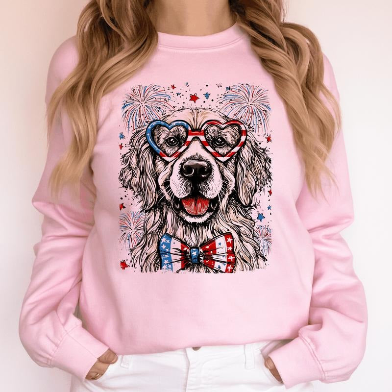 Golden Retriever Patriotic Dog, USA, America, Pet Lover, 4th of July Sweatshirt, Crew Neck, Women's, Crewneck T-Shirts,...