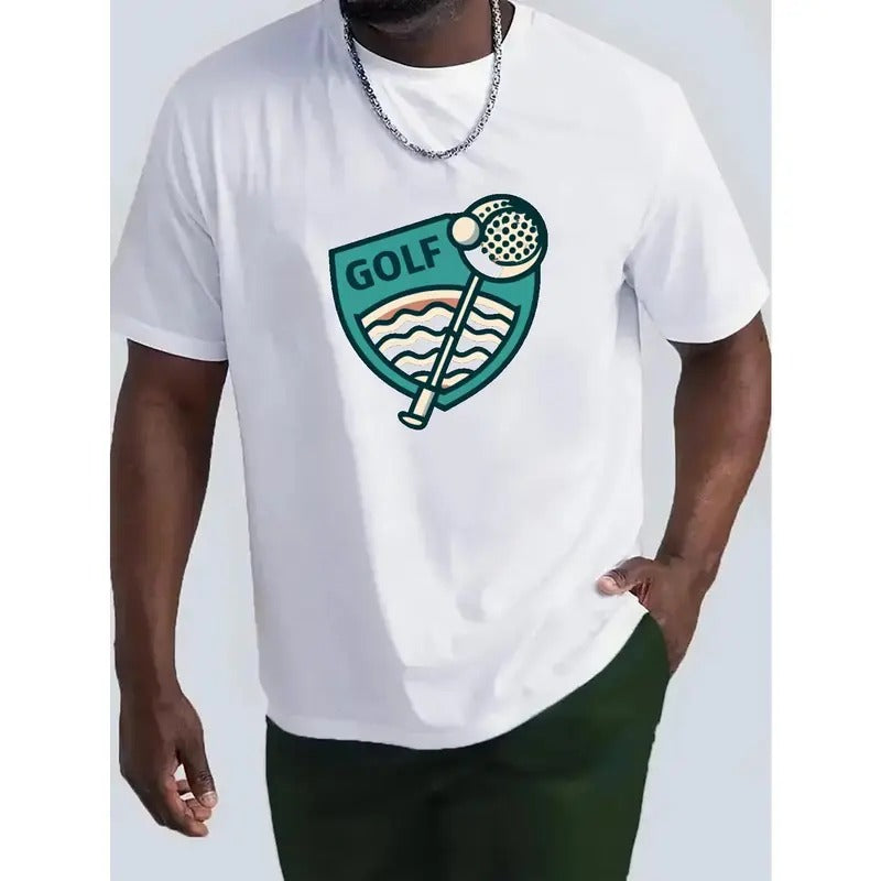 Golf Print T Shirt, Tees For Men, Casual Short Sleeve T-shirt For Summer Made in USA