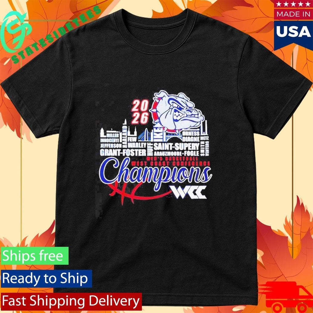 Gonzaga Bulldogs 2026 WCC Men’s Basketball Champions player names city skyline Shirt