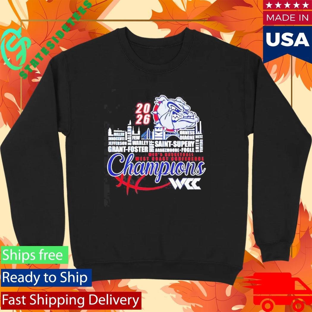 Gonzaga Bulldogs 2026 WCC Men’s Basketball Champions player names city skyline Shirt