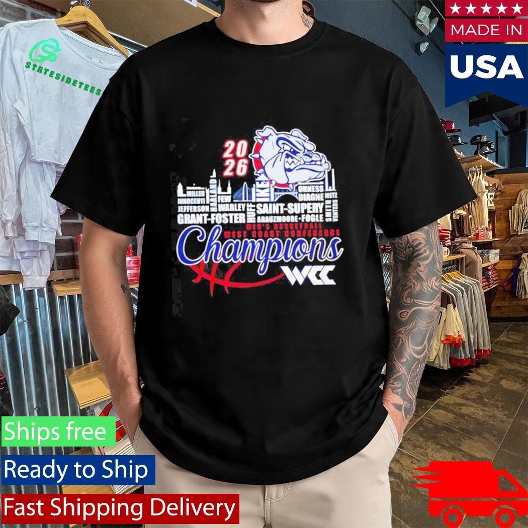 Gonzaga Bulldogs 2026 WCC Men’s Basketball Champions player names city skyline Shirt