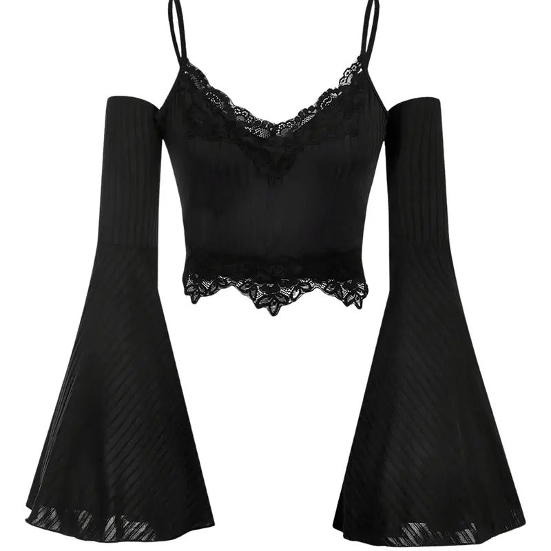 Goth Y2k Lace Trim Cold Shoulder Bell Long Sleeve Crop Tops T-Shirts, Hoodie, Sweatshirt | DripVista.com