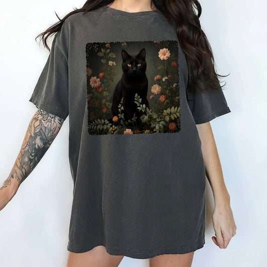 Gothic Cat Comfort Colors Shirt, Vintage Floral Black Cat Tee, Gothic Cat Mom T-shirt, Animal Lover Clothing