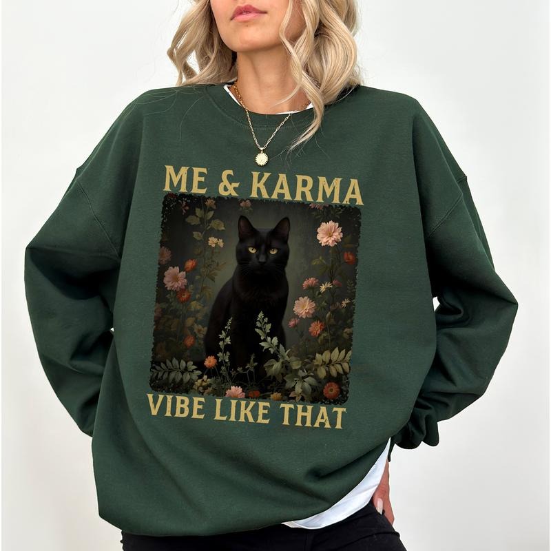 Gothic Floral Black Cat Sweatshirt, Vintage Cat Lover Crewneck,  Gothic Vibe Sweater, Cat Mom Long Sleeved Pullover