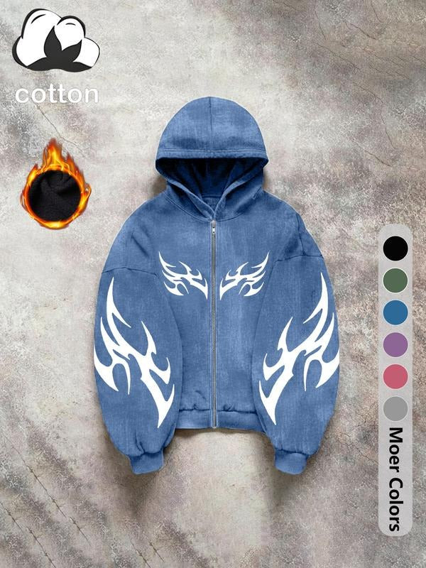 Gothic pattern cotton men'WB shield street Y2K retro style washed hooded zipper sweatshirt fashionable trend casual...