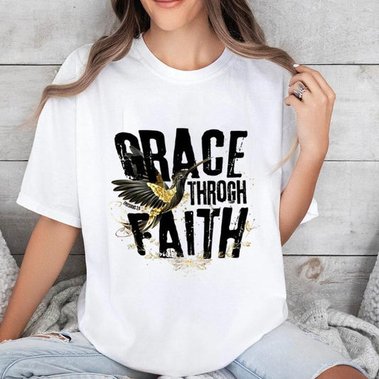 Grace Through Faith T-Shirt Pure Cotton Casual Style Crew Neck Short Sleeve T-Shirt Tops Trendy for Unisex