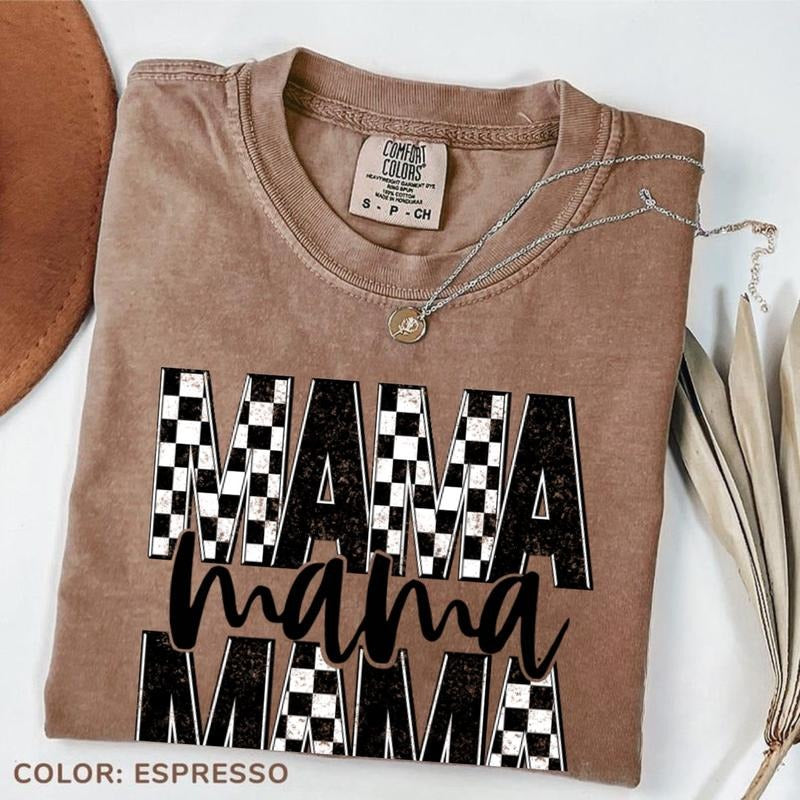 Comfort Colors Checker & Faux Glitter 'Mama' Completed Tee Top Womenswear New Shirt, Gift Your Mom/Granma
