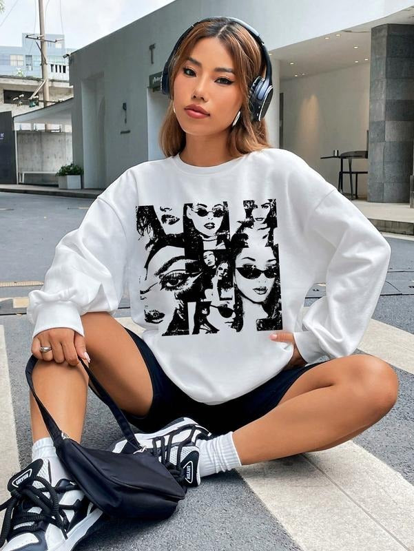 Graphic Figure Print Sweatshirt Long Sleeve Drop Shoulder Oversized Pullover Top T-Shirts, Hoodie | DripVista.com