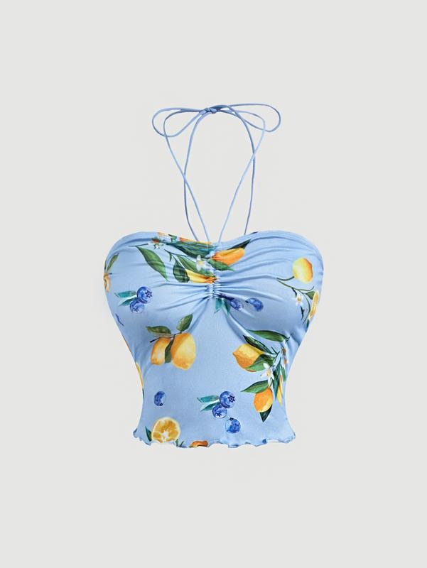 Graphic Print Sleeveless Halter Tops Ruched Boho Crop Cami Tops T-Shirts, Hoodie, Sweatshirt | DripVista.com