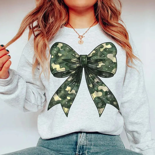 Graphic Printed Glitter Preppy Camo Coquette Bow Sweatshirt, Girly Bow Shirt, Cotton Round Neck Tee, Unisex Tshirt for Men and Women, Menswear, Womenswear, Lady Top Fabric