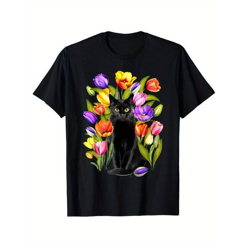 [Graphic Tees] Cotton [100% Cotton T-Shirt] 100% Cotton Unisex T-Shirt | Black with Vibrant Floral & Cat Design, Casual...