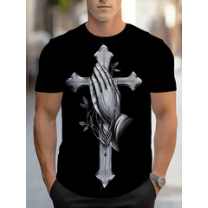 [Graphic Tees] Cotton mens sports crew neck Lightsaber brand shirt with cross Gunpla brand prayer hand pattern 95 spandex...