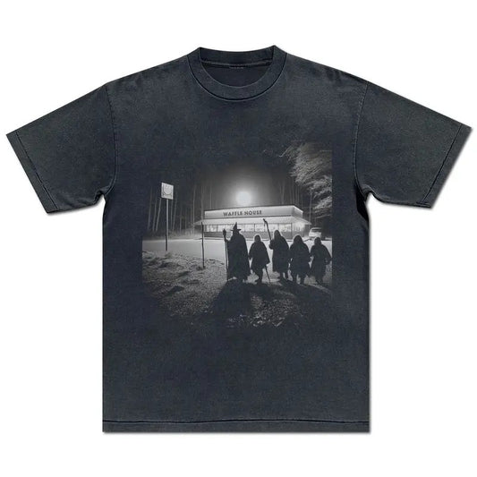 Gray Wizard and Fellowship at Waffle Restaurant Middle of Earth Tee Tolkien Book Christmas Birthday Gift Vintage 90s Tee AI Trail Cam Shirt