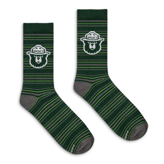 Smokey Bear Animal Mascot Striped Crew Socks - Green/Gray