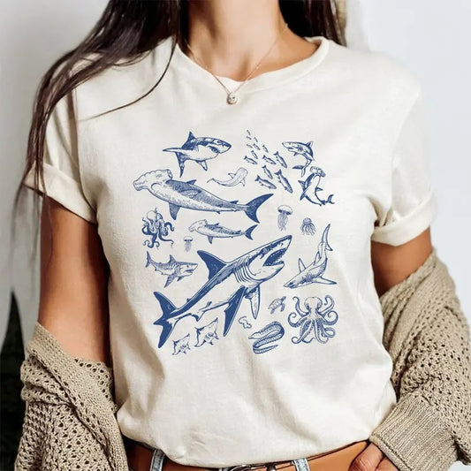 Vintage Tattoo Shark Shirt And Sweatshirt | Gift For Nature, Sealife, Ocean Lover | Whale Shark/Hammerhead/Great White | Oversized Beach Pullover Fabric Fit