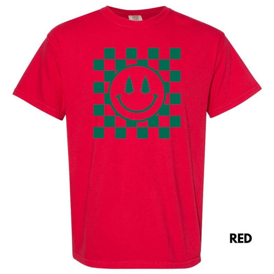 Green Checkered Christmas Tree Happy Face Comfort Colors T-Shirt