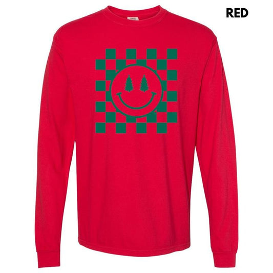 Green Checkered Christmas Tree Happy Face Long Sleeve Comfort Colors T-Shirt